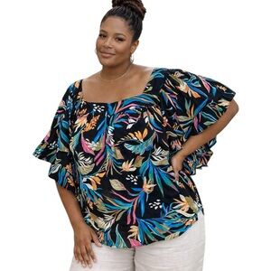 Terra & Sky 2X Square Neck Ruffle Sleeve Colorful Tropical Shirt Resort Casual